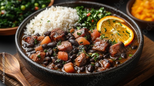 Close-up of a traditional Brazilian feijoada, featuring black beans, vegetables, and fresh herbs, garnished with orange slices, displayed in a rustic bowl, highlighting the dish's rich flavors.