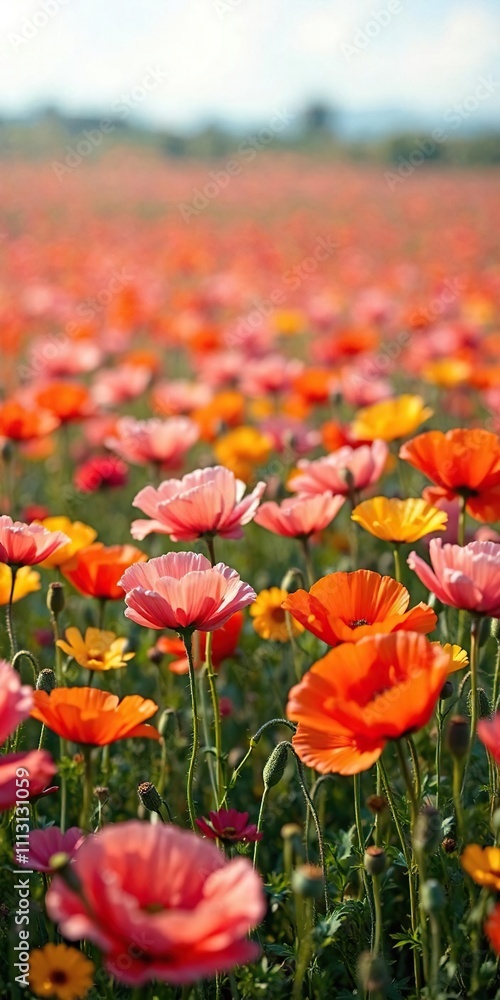 Vibrant poppy field with delicate petals in shades of pink, orange, yellow and red , nature photography, spring flowers, floral art Vibrant poppy field with delicate petals in shades of pink, orange, yellow and red , nature photography, spring flowers, floral art