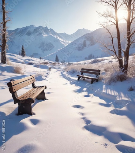 Wallpaper Mural Bench in snowy landscape illuminated by the sun, natural beauty, tree branches Torontodigital.ca