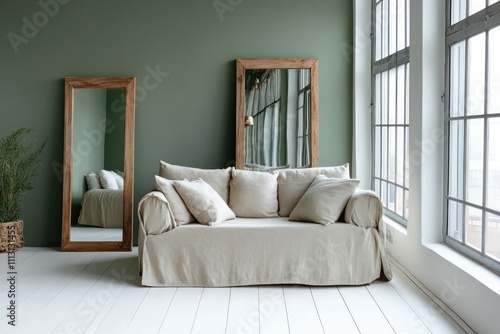 Bright loft with muted green walls, white oak floors, a cozy linen sofa, and wood-framed mirrors for decor. photo