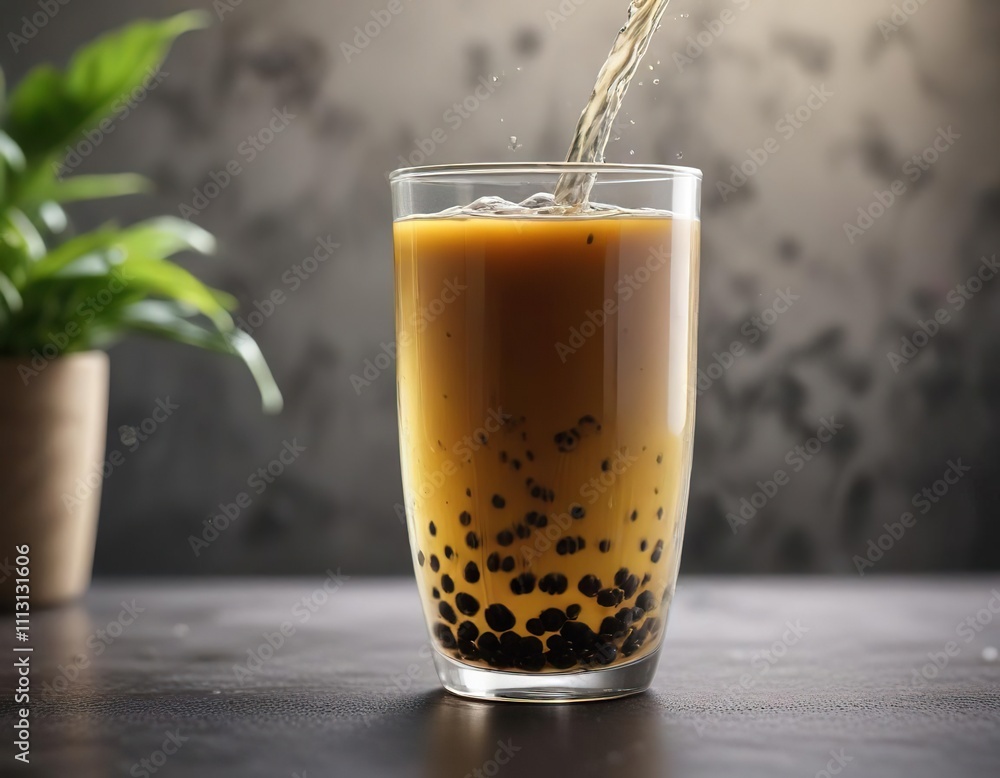 Gentle stream of bubble tea flowing into a clear cup , cup filling, pouring drink, colorful Gentle stream of bubble tea flowing into a clear cup , cup filling, pouring drink, colorful