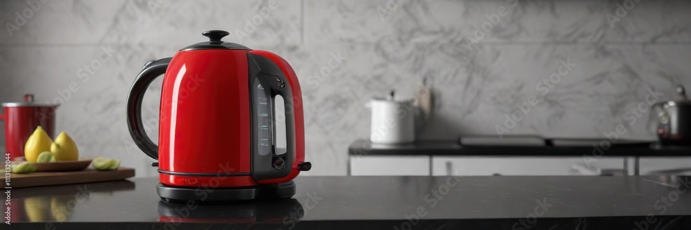 Red glossy electric kettle with curved handle and fast boiling feature on a black granite countertop , modern kitchen, home cooking Red glossy electric kettle with curved handle and fast boiling feature on a black granite countertop , modern kitchen, home cooking