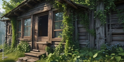 Overgrown vines crawling up the cabin s walls  greenery  forest growth