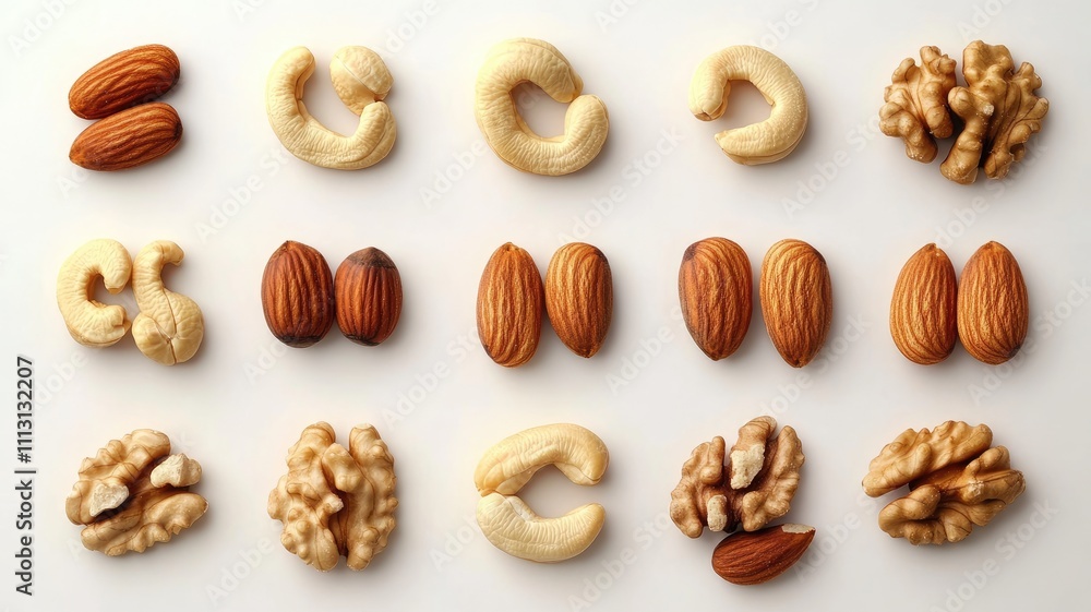 Assorted nuts placed in rows on white background Assorted nuts placed in rows on white background