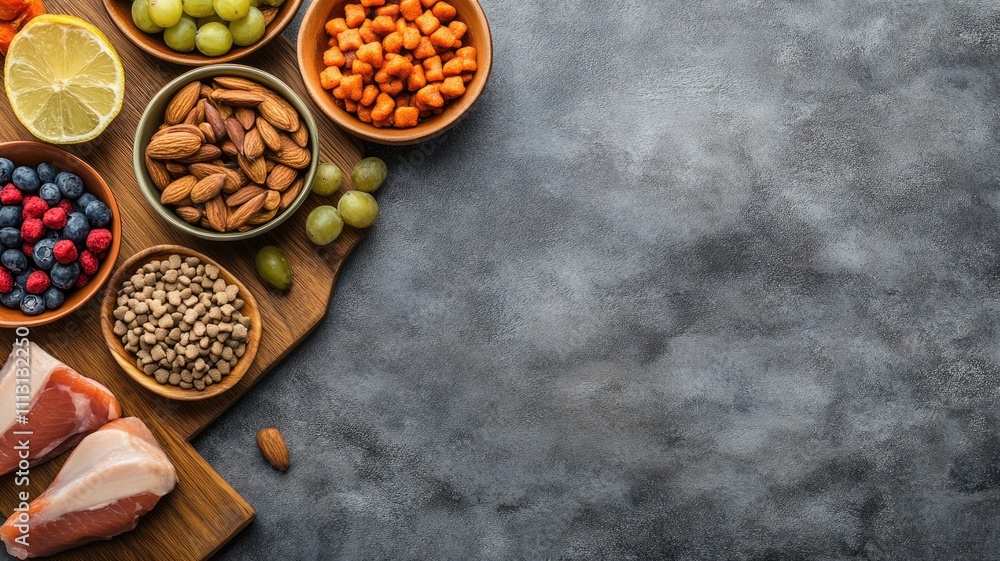 Assorted healthy foods on wooden board with gray background Assorted healthy foods on wooden board with gray background
