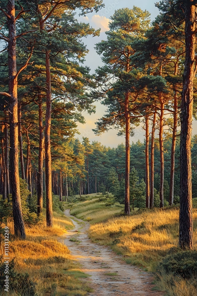A tranquil path winding through a sunlit forest of tall pine trees. The warm golden light highlights the lush greenery, creating a peaceful and serene atmosphere. A tranquil path winding through a sunlit forest of tall pine trees. The warm golden light highlights the lush greenery, creating a peaceful and serene atmosphere.