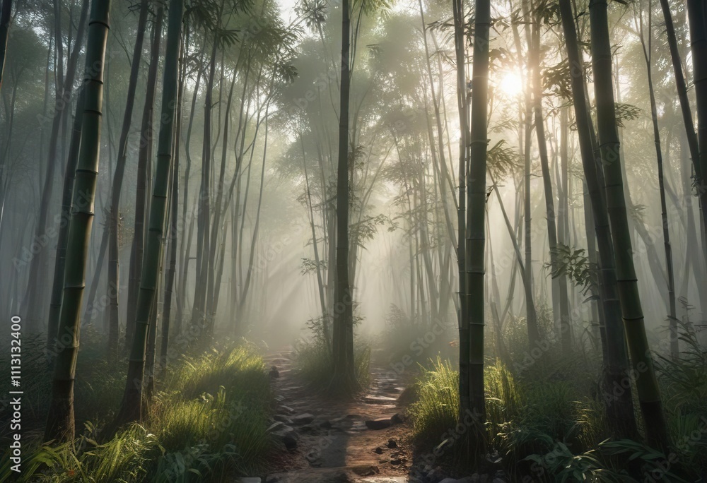 Obraz premium Bamboo forest on a misty morning with the sun peeking through the gaps , peaceful atmosphere, natural scenery