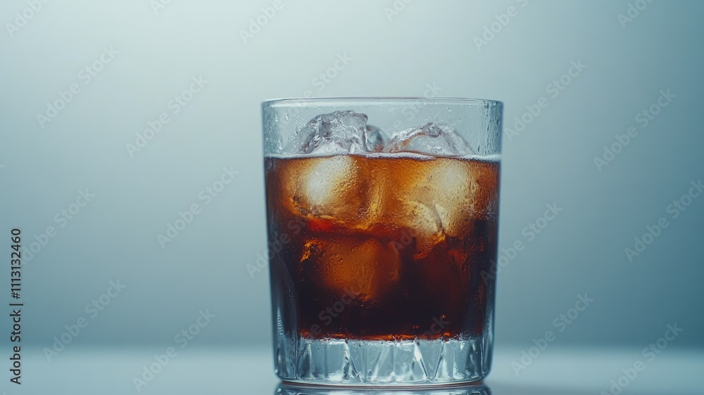 Chilled glass of dark beverage with ice cubes against gradient background Chilled glass of dark beverage with ice cubes against gradient background