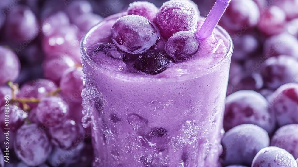 A refreshing purple smoothie surrounded by grapes, showcasing a vibrant drink. A refreshing purple smoothie surrounded by grapes, showcasing a vibrant drink.