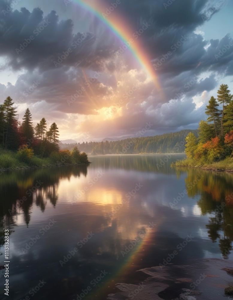 A radiant rainbow illuminating the sky above a peaceful lake on a cloudy day, reflective, luminous, clouds A radiant rainbow illuminating the sky above a peaceful lake on a cloudy day, reflective, luminous, clouds