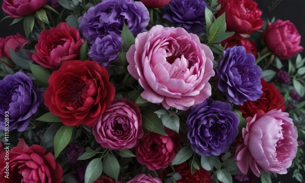 A silk floral arrangement of purple roses and red peonies, purple roses, bouquet A silk floral arrangement of purple roses and red peonies, purple roses, bouquet