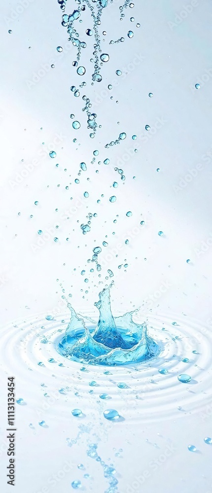 Water splashes on a white surface with scattered blue droplets and ripples, shiny surface, water drops, peaceful scene