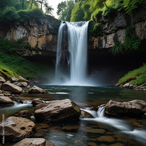 Serene waterfall cascading into a tranquil pool surrounded by lush greenery and rocks.  1 