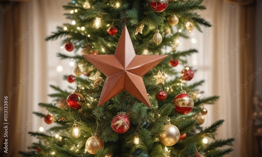 Star atop of Christmas tree with surrounding decorations like ornaments and garlands, glossy, fir Star atop of Christmas tree with surrounding decorations like ornaments and garlands, glossy, fir