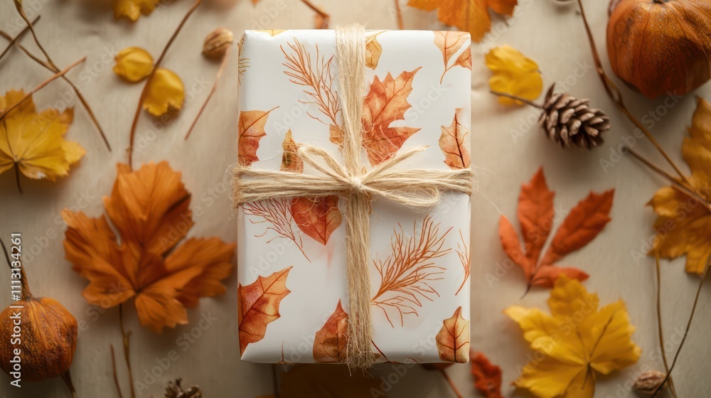 Fototapeta premium Autumn-themed gift presentation in traditional wrapping, viewed from above.
