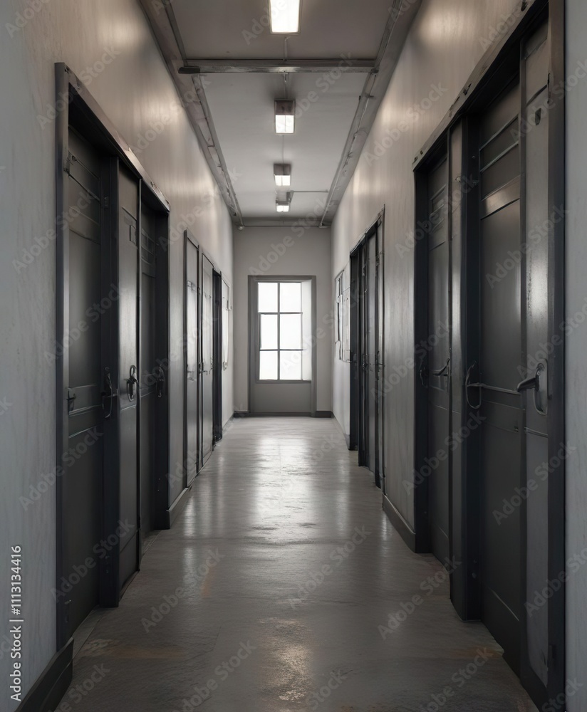 long corridor lined with barred windows and steel doors, prison, blank walls long corridor lined with barred windows and steel doors, prison, blank walls