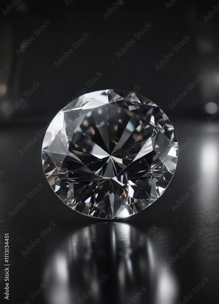 Round cut diamond on sleek black surface with faint diamond image blurred in the distance, high end jewelry, deep background Round cut diamond on sleek black surface with faint diamond image blurred in the distance, high end jewelry, deep background