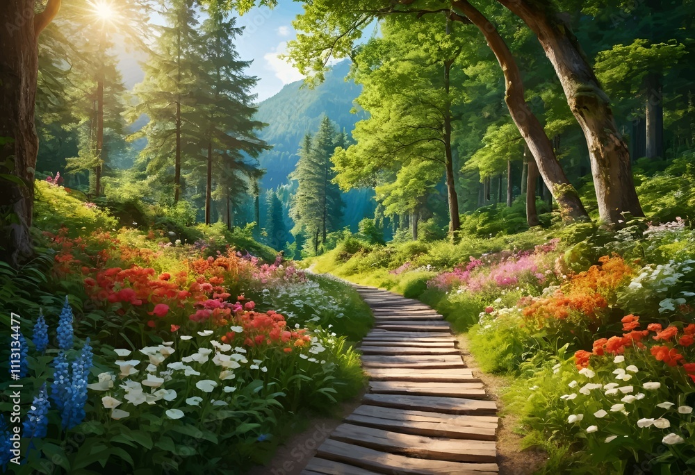 Obraz premium Beautiful and Peaceful Nature Scenery Illustration Landscape Countryside Tranquil Vibrant and Colorful