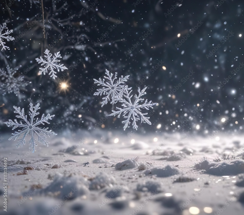 Glittering snowflakes falling gently through the air , serene, peaceful Glittering snowflakes falling gently through the air , serene, peaceful
