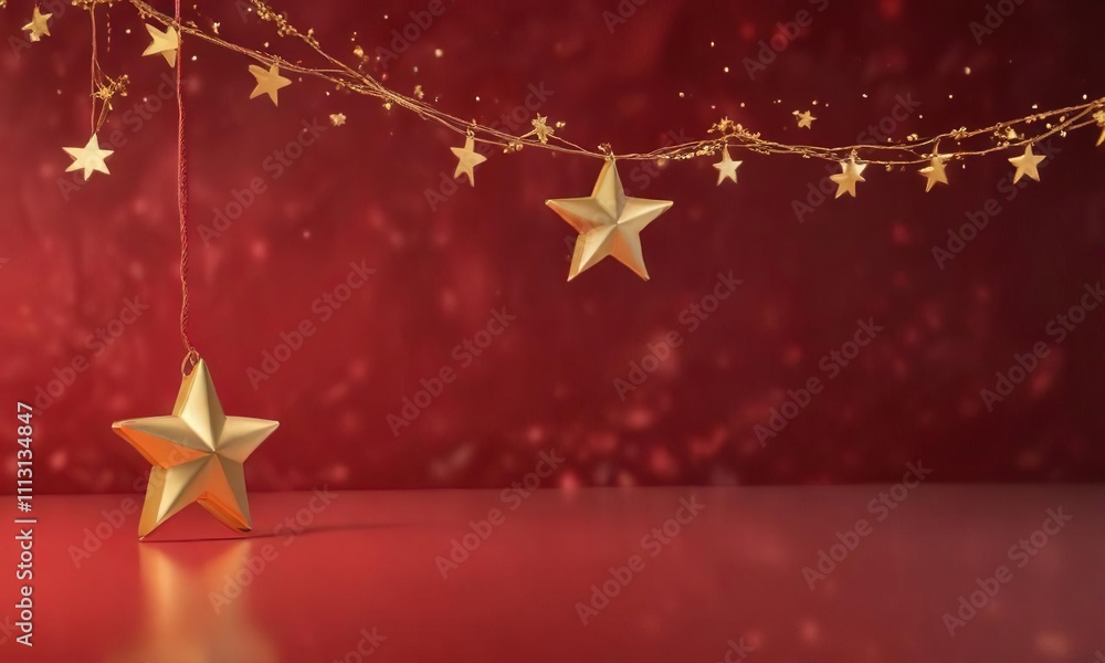 A festive scene with a string of gold stars and red background, festive, celebration, gold A festive scene with a string of gold stars and red background, festive, celebration, gold
