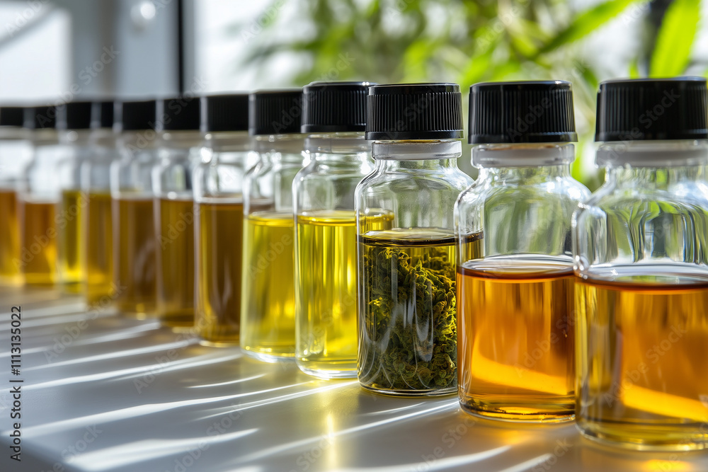 A collection of marijuana extracts in laboratory glassware, with copy space. Bright light. Scientific study background A collection of marijuana extracts in laboratory glassware, with copy space. Bright light. Scientific study background