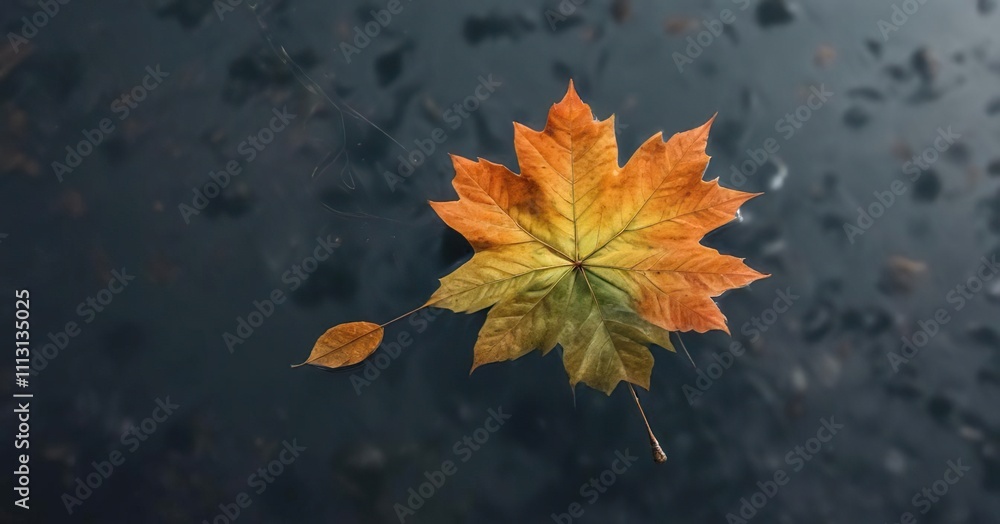 An isolated autumn leaf floating on the calm surface of a lake with plankton growth , water, algae An isolated autumn leaf floating on the calm surface of a lake with plankton growth , water, algae