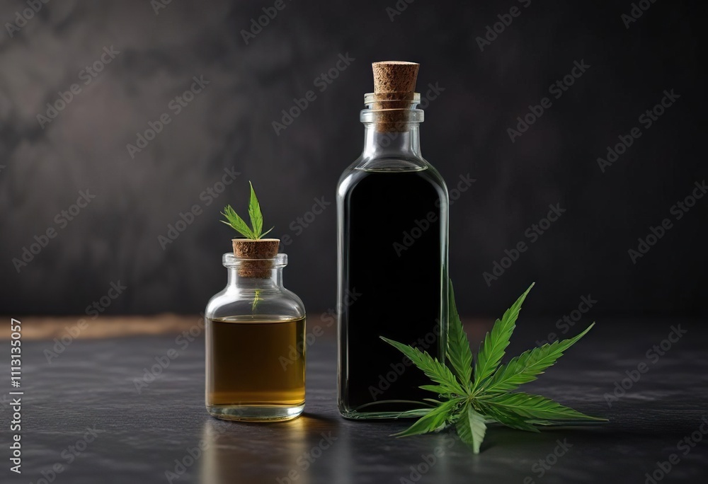 Dark background with a glass bottle of cannabis oil and a single cannabis leaf on the edge of the table , Cannabis Leaf, Herbal Medicine, Natural Remedies Dark background with a glass bottle of cannabis oil and a single cannabis leaf on the edge of the table , Cannabis Leaf, Herbal Medicine, Natural Remedies