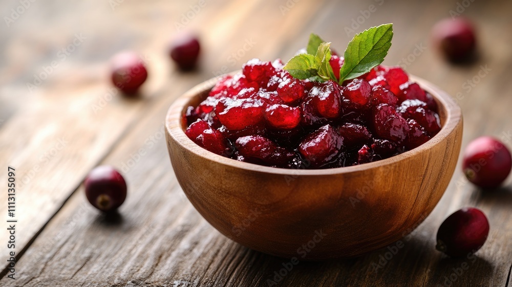 Wooden bowl filled with vibrant red cranberry sauce garnished mint leaf on wooden surface Wooden bowl filled with vibrant red cranberry sauce garnished mint leaf on wooden surface