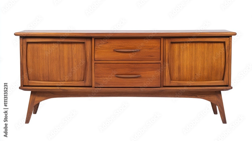 Mid-century modern sideboard with two doors and two drawers, crafted from rich, polished wood. Mid-century modern sideboard with two doors and two drawers, crafted from rich, polished wood.