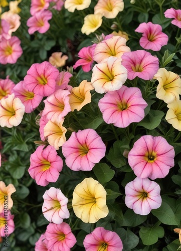 Garden Background with Blooming Pink and Yellow Striped Petunias, colorful flowers, pink striped petunias, floral arrangement