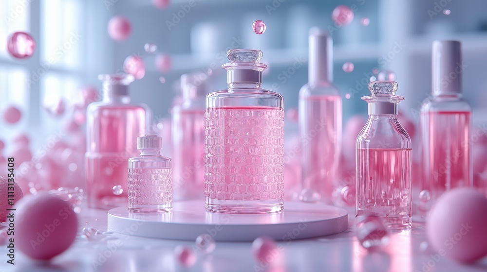 A collection of elegant pink perfume bottles surrounded by soft spheres, creating a dreamy ambiance. A collection of elegant pink perfume bottles surrounded by soft spheres, creating a dreamy ambiance.