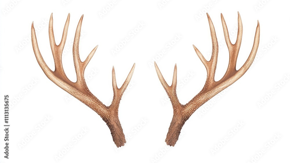 Fototapeta premium A pair of deer antlers displayed symmetrically on a white background.