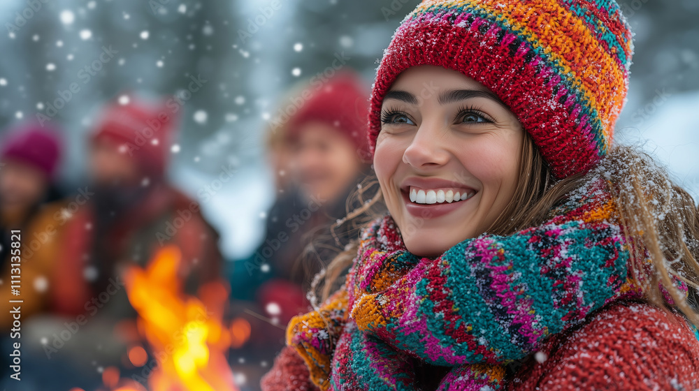 Smiling Woman in Colorful Winter Attire Enjoying Snowy Campfire Gathering Outdoors Smiling Woman in Colorful Winter Attire Enjoying Snowy Campfire Gathering Outdoors