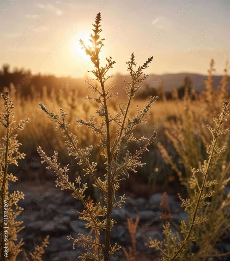 The sun casts a warm glow on a field of dry, brittle plants, including a stalk of wormwood with bright, shimmering cobwebs, sun, dried plant, natural world The sun casts a warm glow on a field of dry, brittle plants, including a stalk of wormwood with bright, shimmering cobwebs, sun, dried plant, natural world
