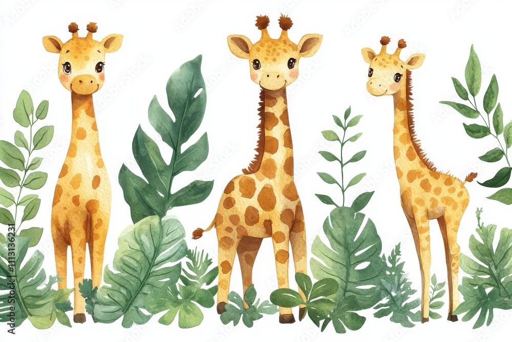 Fototapeta premium Three cute giraffes surrounded by lush green leaves in a whimsical, colorful design.