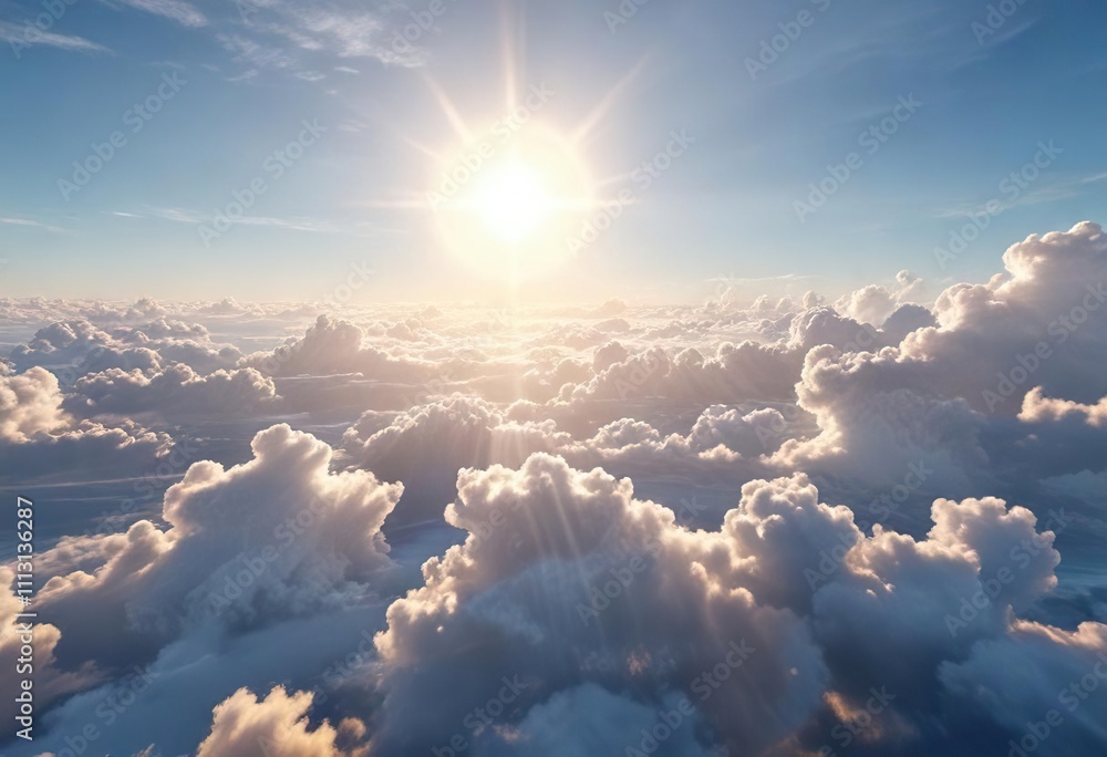 Glowing sun shines through thin layers of creamy white clouds against a bright blue summer sky, sunny weather, summer solstice, outdoor photography Glowing sun shines through thin layers of creamy white clouds against a bright blue summer sky, sunny weather, summer solstice, outdoor photography