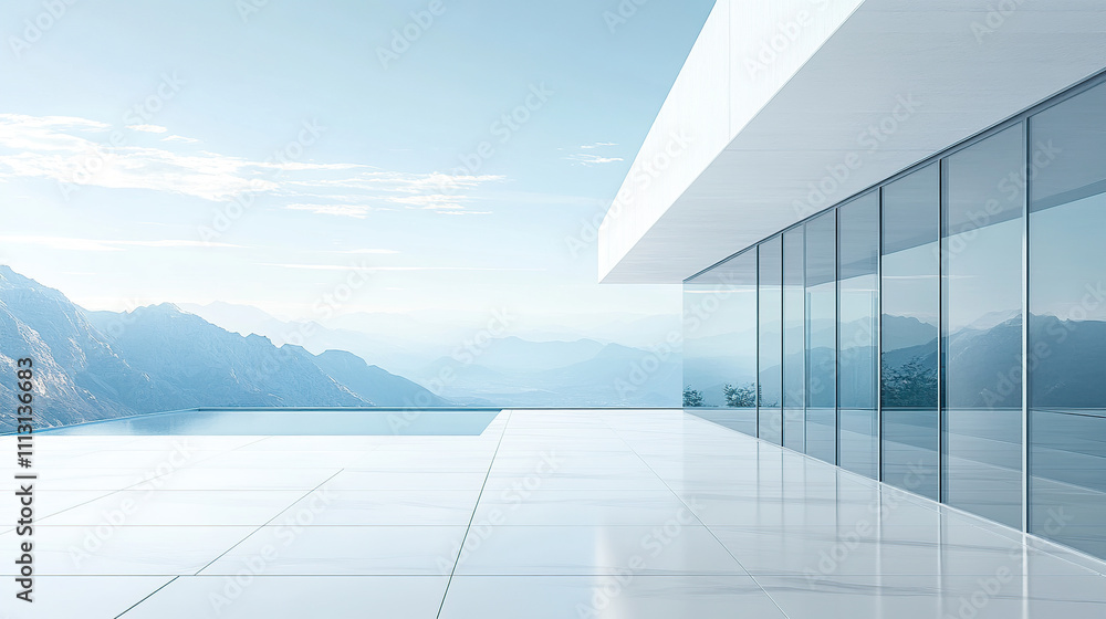 Modern minimalist architecture with glass windows overlooking the distant mountains Modern minimalist architecture with glass windows overlooking the distant mountains