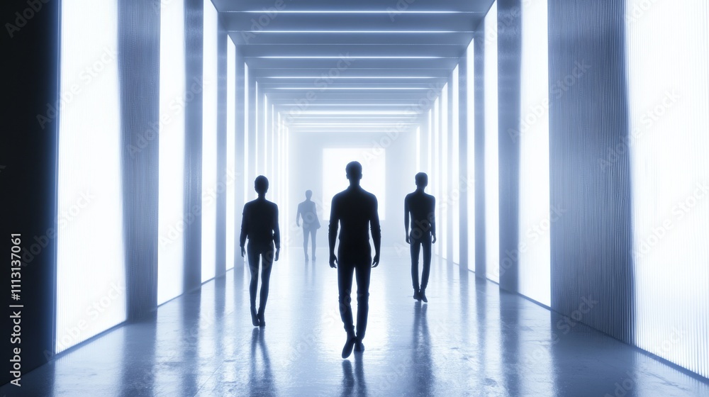 Silhouetted figures walking in a bright corridor. Silhouetted figures walking in a bright corridor.