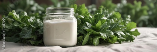 A small glass jar filled with creamy white substance atop a bed of large leafy greens, greenery, kitchen decor, organic