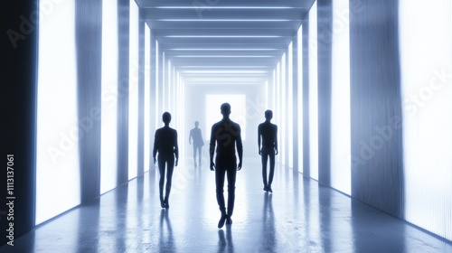 Silhouetted figures walking in a bright corridor.