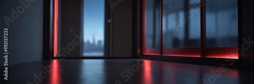 Shiny blue metallic surface reflecting red light through a dark window , hightech, abstract photo