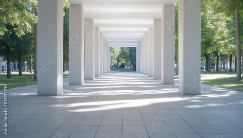 A serene pathway lined with columns and greenery.
