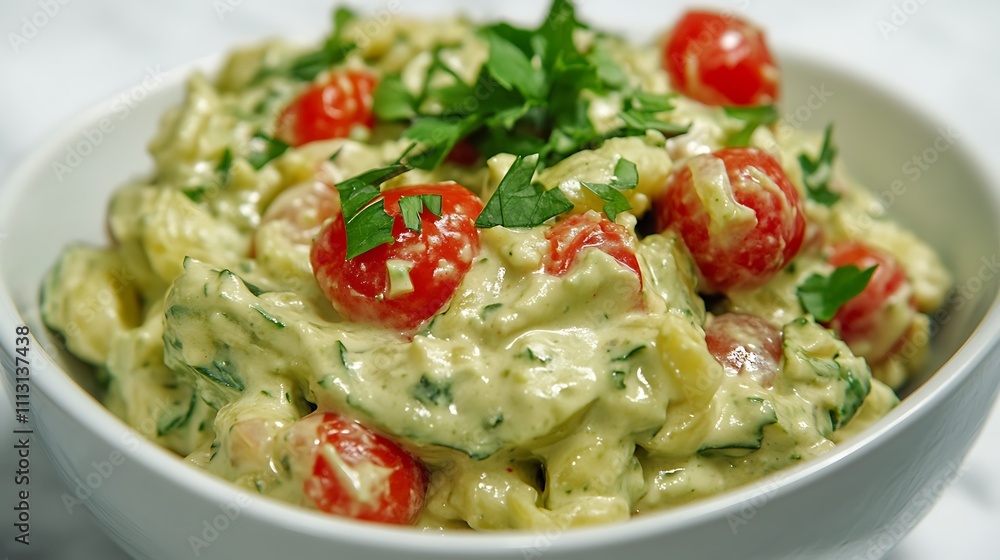 A detailed shot of a gluten-free pasta dish made with zucchini noodles, cherry tomatoes, and a creamy avocado sauce, garnished with fresh herbs 