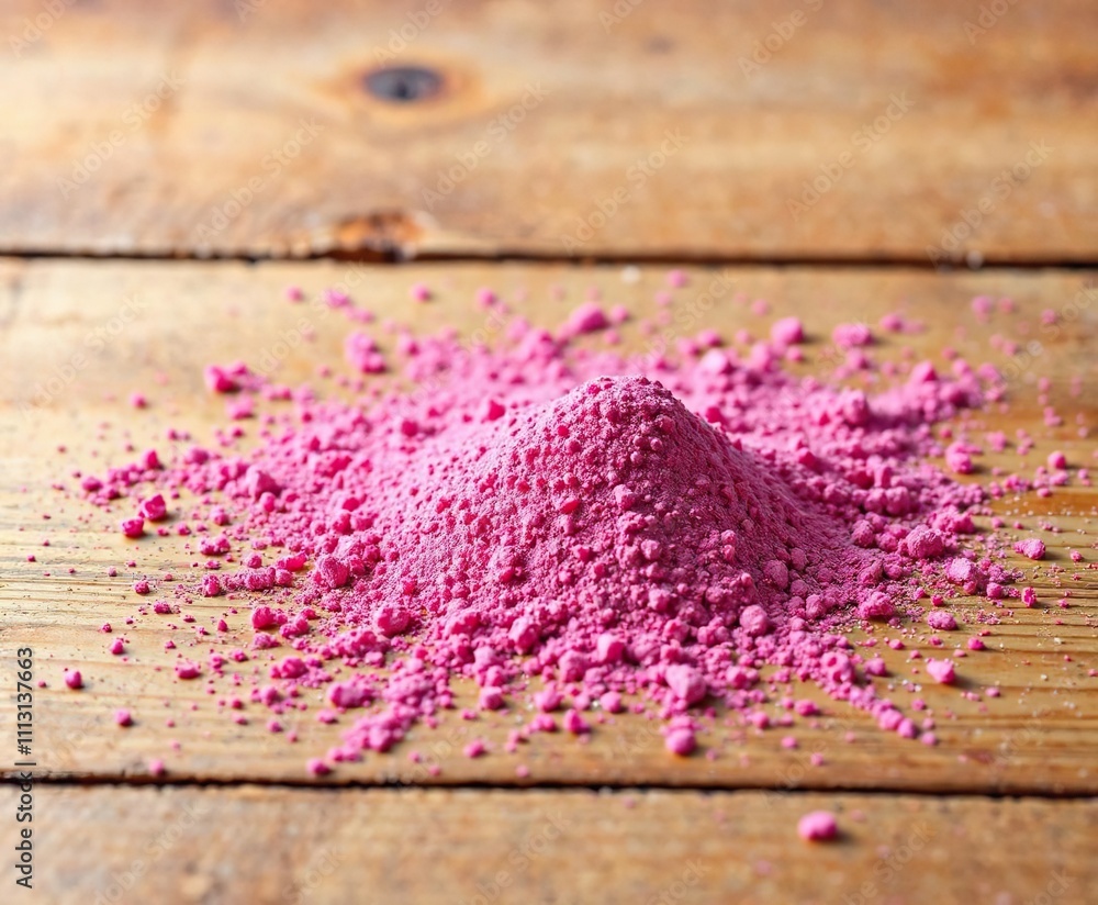 Vibrant pink powder scattered on a wooden surface , festive decoration, colorful powder Vibrant pink powder scattered on a wooden surface , festive decoration, colorful powder