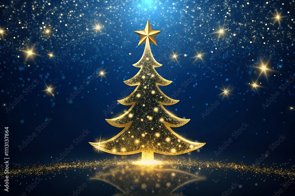 Sparkling gold Christmas tree on dark blue background with glitter. Sparkling gold Christmas tree on dark blue background with glitter.