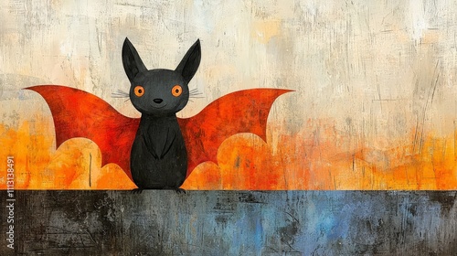 Cute cartoon black bat with orange wings on textured background. photo