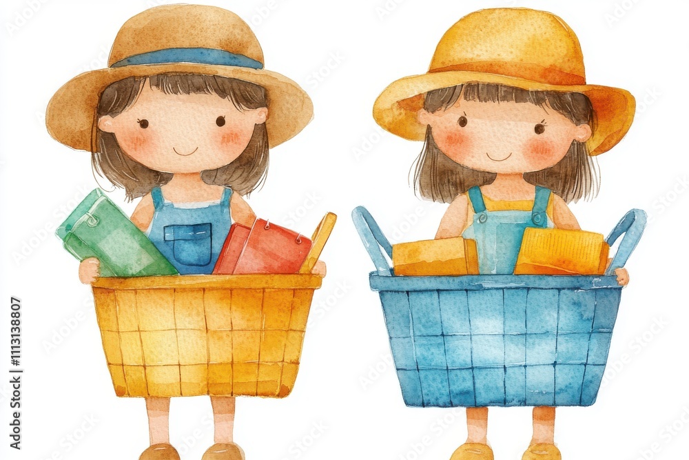 Two cheerful children holding colorful baskets filled with items, wearing summer hats. Two cheerful children holding colorful baskets filled with items, wearing summer hats.