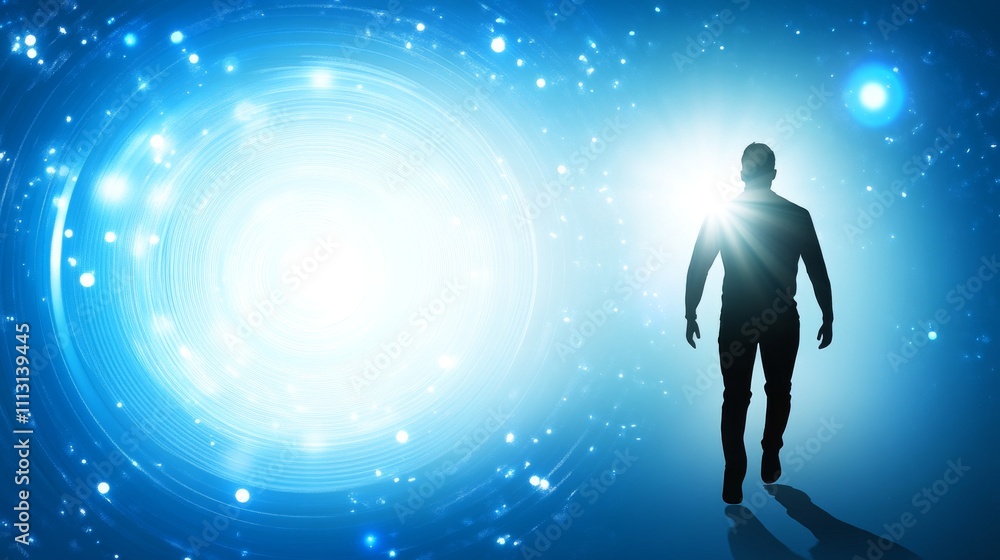 Fototapeta premium A figure exploring a bright cosmic landscape.