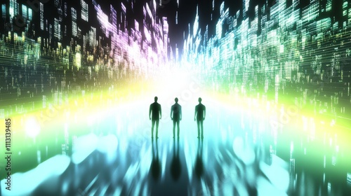 A futuristic scene with three figures silhouetted.