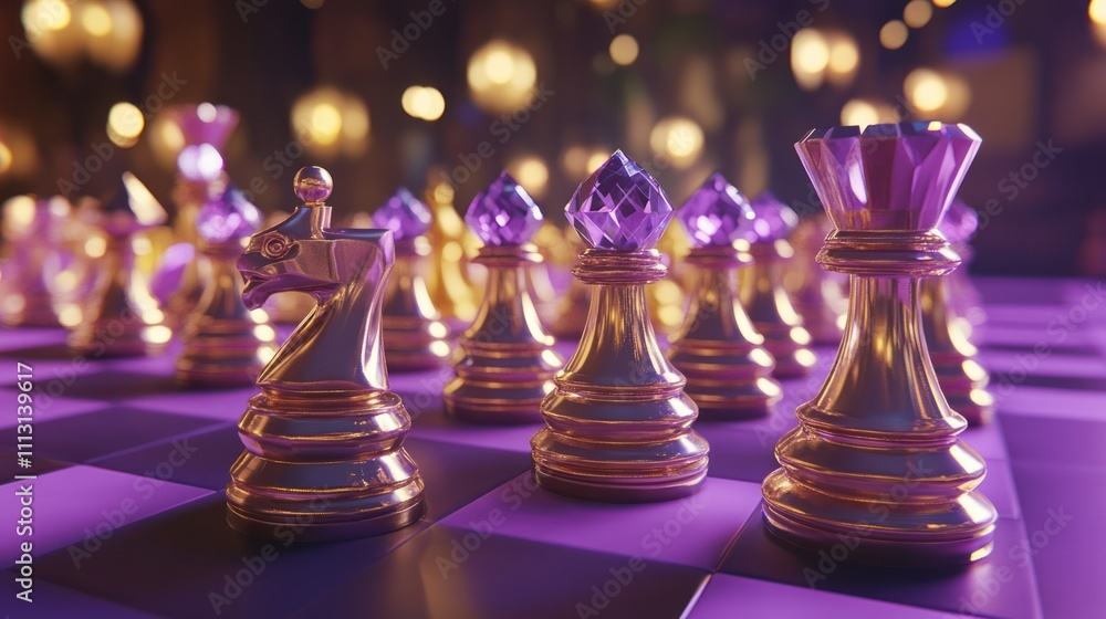 Golden chess pieces on a purple chessboard in a dimly lit room. Golden chess pieces on a purple chessboard in a dimly lit room.